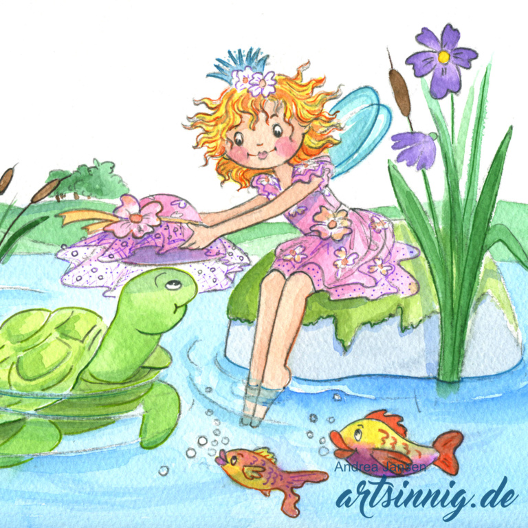 Prinzessin Lillifee sitzt am Seeufer auf einem großen Stein und setzt der Wasserschildkröte einen großen rosa Sommerhut auf.